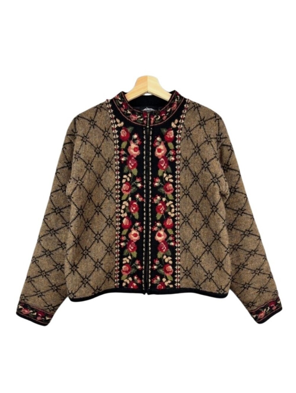 Icelandic Design Wool Floral Embroidery Zip Front Cardigan Size M